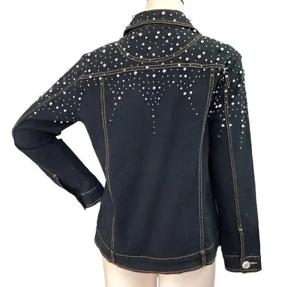 Quacker Factory Black Denim/Jean Jacket Pearl Buttons Beaded Studed Sz XS #57X - Picture 6 of 9